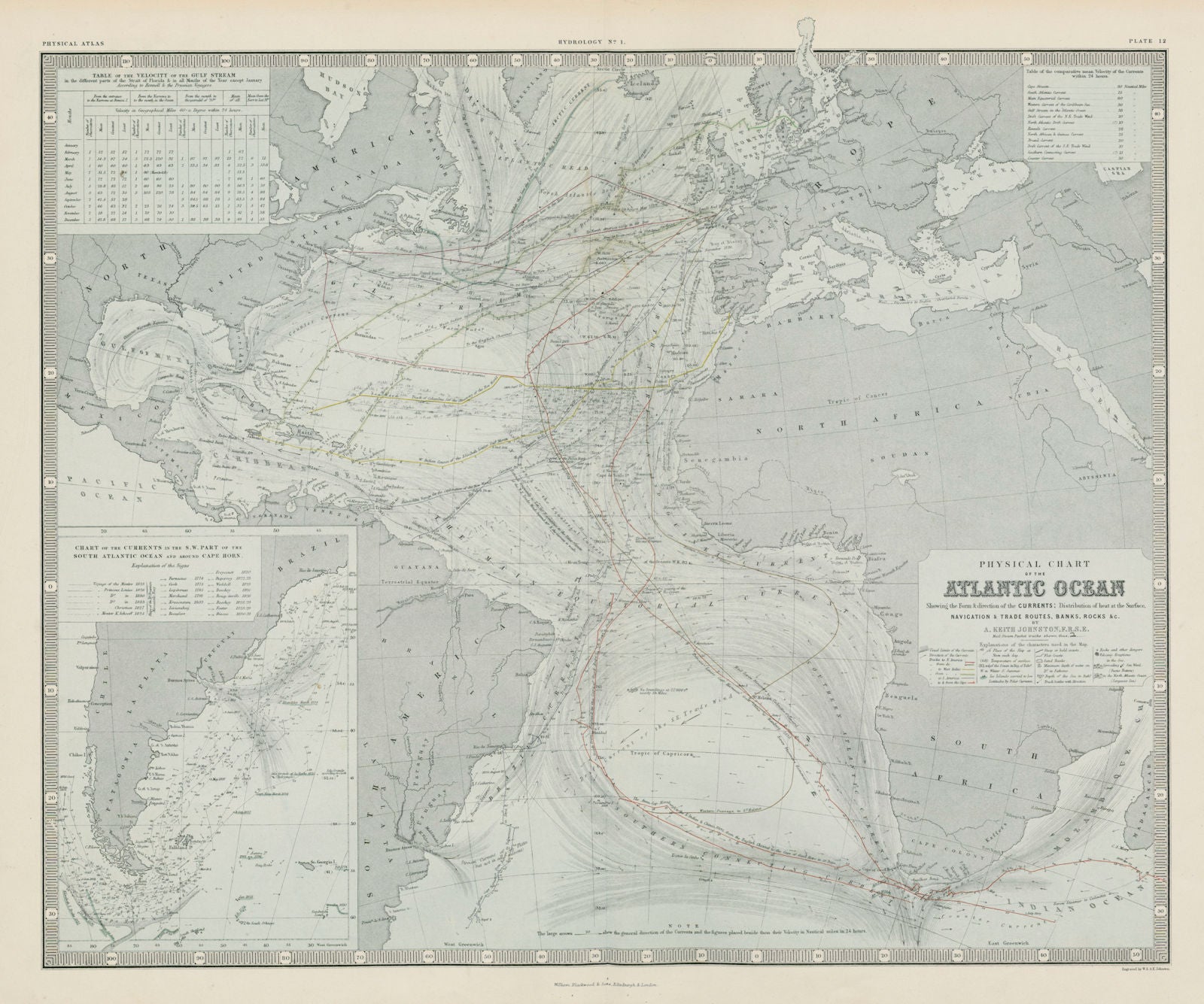 Atlantic Ocean Physical Chart. Currents. Important voyages Trade routes 1856 map